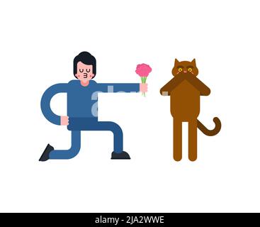 Lover cat Give flowers. Loving couple Boyfriend and cat. Romantic relationship. Pet Love illustration 3 Stock Vector