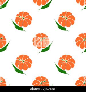 Orange colored pumpkin with green leaves isolated on white background is in Seamless pattern - vector illustration Stock Vector