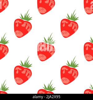 Colorful Strawberry with leaves isolated on white background is in Seamless pattern - vector illustration Stock Vector