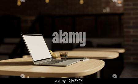 Notebook laptop computer blank desktop mockup on modern wood table in a comfortable coffee shop seating area. rear view, 3d rendering, 3d illustration Stock Photo