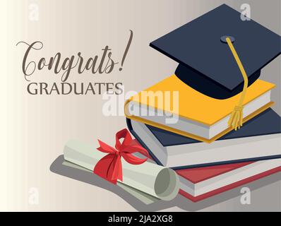 congratulations graduation books certificate hat sign colors vector ...