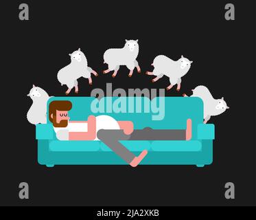 Man sleeps and counts sheep. Counting sheep before bedtime. Stock Vector