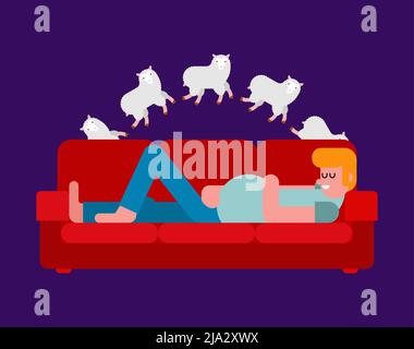 Man sleeps and counts sheep. Counting sheep before bedtime. Stock Vector
