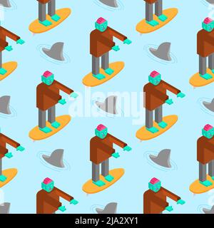 Zombie surfer pattern seamless. Dead man and surfboard background. monster and surf texture Stock Vector