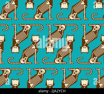 Skeleton cat pattern seamless. Cat skull and bones background. Baby fabric ornament Stock Vector