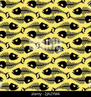 Fish skeleton pixel art pattern seamless. 8 bit Fish skull background. pixelated Vector texture Stock Vector