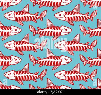 Shark skeleton pattern seamless. fish skull background. fish bones texture Stock Vector