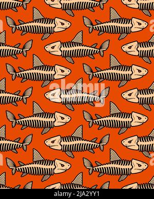 Fish skeleton pattern seamless. Shark skull background. fish bones texture Stock Vector