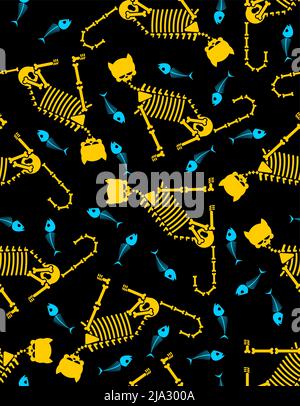 Skeleton cat pattern seamless. Cat skull and bones background. Baby fabric ornament Stock Vector