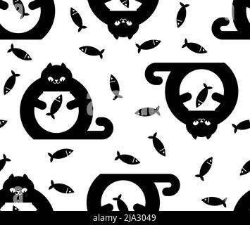 Cat and aquarium pattern seamless. Cat watching fish in aquarium background. Baby fabric texture Stock Vector
