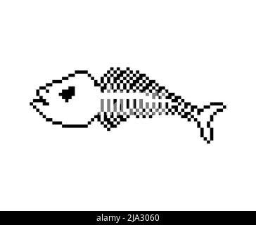 Fish skeleton pixel art. 8 bit Fish skull. pixelated Vector illustration Stock Vector