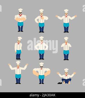 Chef set poses. Cook happy and yoga. sleeping and angry. guilty and sad. kitchener Vector illustration Stock Vector