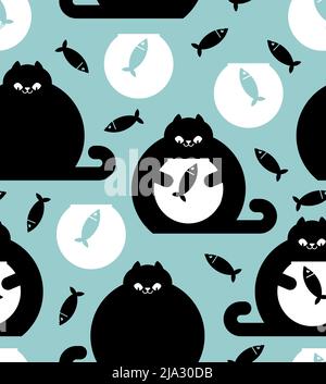 Cat and aquarium pattern seamless. Cat watching fish in aquarium background. Baby fabric texture Stock Vector