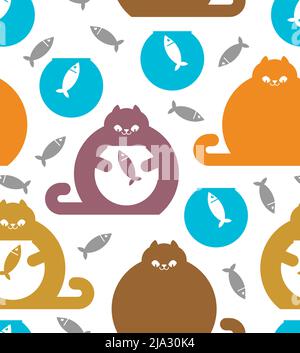 Cat and aquarium pattern seamless. Cat watching fish in aquarium background. Baby fabric texture Stock Vector