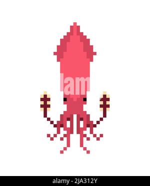 Squid pixel art isolated. 8 bit calamary icon. pixelated illustration Stock Vector