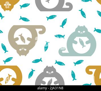 Cat and aquarium pattern seamless. Cat watching fish in aquarium background. Baby fabric texture Stock Vector