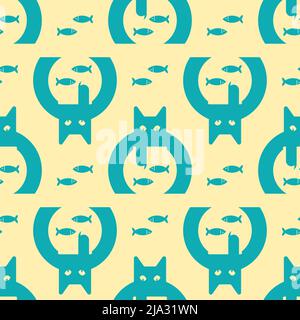 Cat and aquarium pattern seamless. Cat watching fish in aquarium background. Baby fabric texture Stock Vector