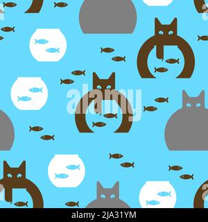 Cat and aquarium pattern seamless. Cat watching fish in aquarium background. Baby fabric texture Stock Vector