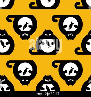 Cat and aquarium pattern seamless. Cat watching fish in aquarium background. Baby fabric texture Stock Vector