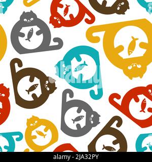 Cat and aquarium pattern seamless. Cat watching fish in aquarium background. Baby fabric texture Stock Vector