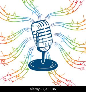 Microphone in doodle style. Multicolored notes vector cartoon illustration on white isolated background. Karaoke. Audio equipment concept with the eff Stock Vector