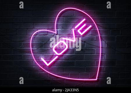 Pink Love Neon Sign on a dark wall Stock Photo