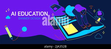 AI education banner illustration of student studying Stock Photo