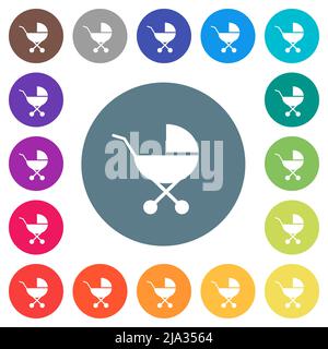 Baby carriage solid flat white icons on round color backgrounds. 17 background color variations are included. Stock Vector