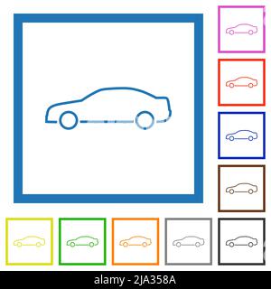 Car contour flat color icons in square frames on white background Stock Vector