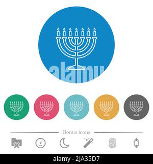 Menorah with burning candles outline flat white icons on round color backgrounds. 6 bonus icons included. Stock Vector