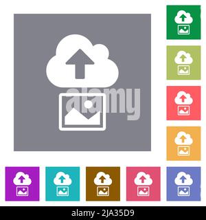 Upload image to cloud solid flat icons on simple color square backgrounds Stock Vector