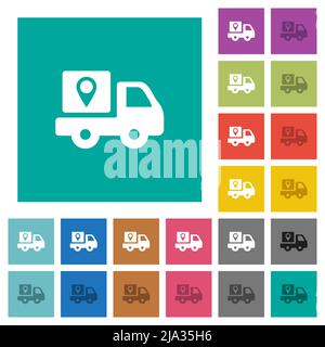 Package delivery tracking solid multi colored flat icons on plain square backgrounds. Included white and darker icon variations for hover or active ef Stock Vector