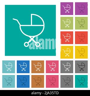 Baby carriage outline multi colored flat icons on plain square backgrounds. Included white and darker icon variations for hover or active effects. Stock Vector