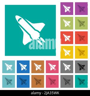 Space shuttle with propulsion multi colored flat icons on plain square backgrounds. Included white and darker icon variations for hover or active effe Stock Vector