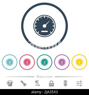 Speedometer solid flat color icons in round outlines. 6 bonus icons included. Stock Vector