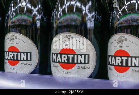 Moscow, Russia - March 12, 2018: Martini bottles. Martini is a brand of Italian vermouth, named after the Martini & Rossi Distilleria Nazionale di Spi Stock Photo