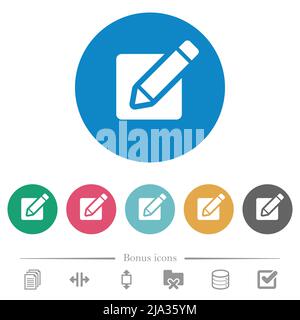 Editing box with pencil solid flat white icons on round color backgrounds. 6 bonus icons included. Stock Vector