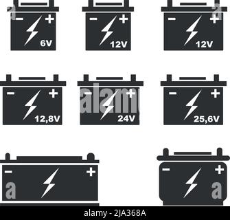 battery icon set 6 volt to 24 volt car, truck, battery diffrent sizes Stock Vector