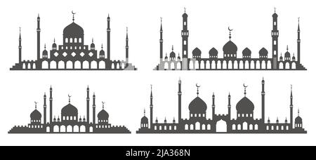 Mosque with minarets silhouettes. Islamic architecture set on skyline. Istanbul cityscape isolated on white background. Stock Vector
