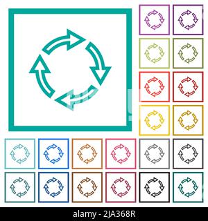 Rotate right outline flat color icons with quadrant frames on white background Stock Vector