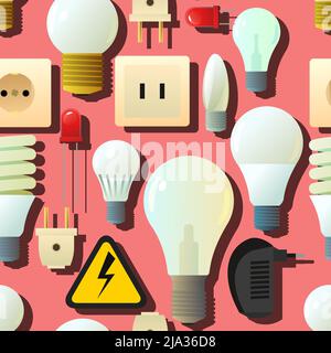 Glass electric light bulb electrical outlet and plug.. Lighting device. Energy Saving Technologies. Seamless pattern. Vector. Stock Vector