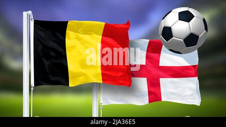 Moscow, Russia, 14 July 2018: Belgium - England, 3rd place match of soccer World Cup, Russia 2018 National Flags. Stock Photo