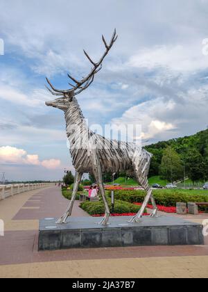 Nizhny Novgorod, Russia, August 4, 2018: Metalic sculpture, Deer, symbol of Nizhny Novgorod. Sculpture was presented to city by Honorary Consul Stock Photo
