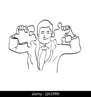 line art half length businessman holding jigsaw pazzle illustration vector hand drawn isolated on white background Stock Vector