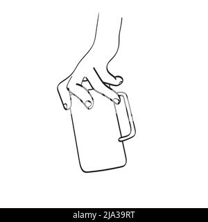 line art closeup hand holding mug illustration vector hand drawn isolated on white background Stock Vector