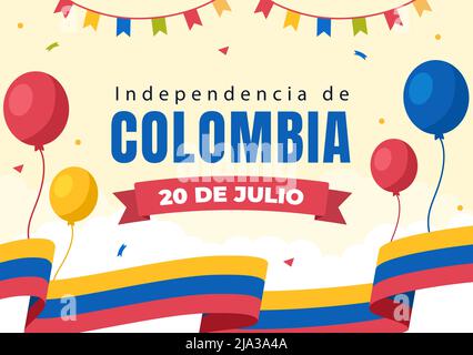 20 De Julio independencia De Colombia Cartoon Illustration with Flags and Balloons for Poster Style Design Stock Vector