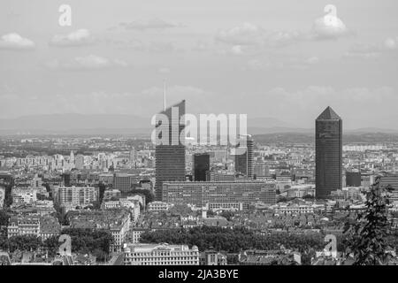 Lyon, France - May 10, 2022 : Panoramic view of the beautiful city of Lyon in black and white Stock Photo