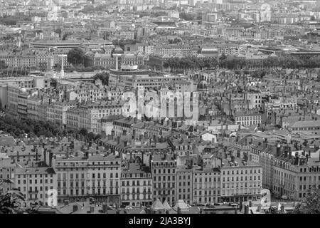 Lyon, France - May 10, 2022 : Panoramic  view of the beautiful city  of Lyon in black and white Stock Photo