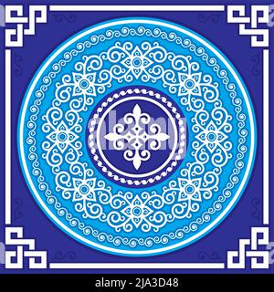 Mongolian folk art vector design with mandala with swirls and celtic frame, traditional oriental style background Stock Vector
