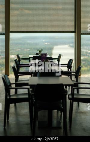 Königswinter, Germany- May 18, 2022 : Beautiful panoramic view of the river Rhine, from a restaurant on the top of the hill at Drachenfels Stock Photo